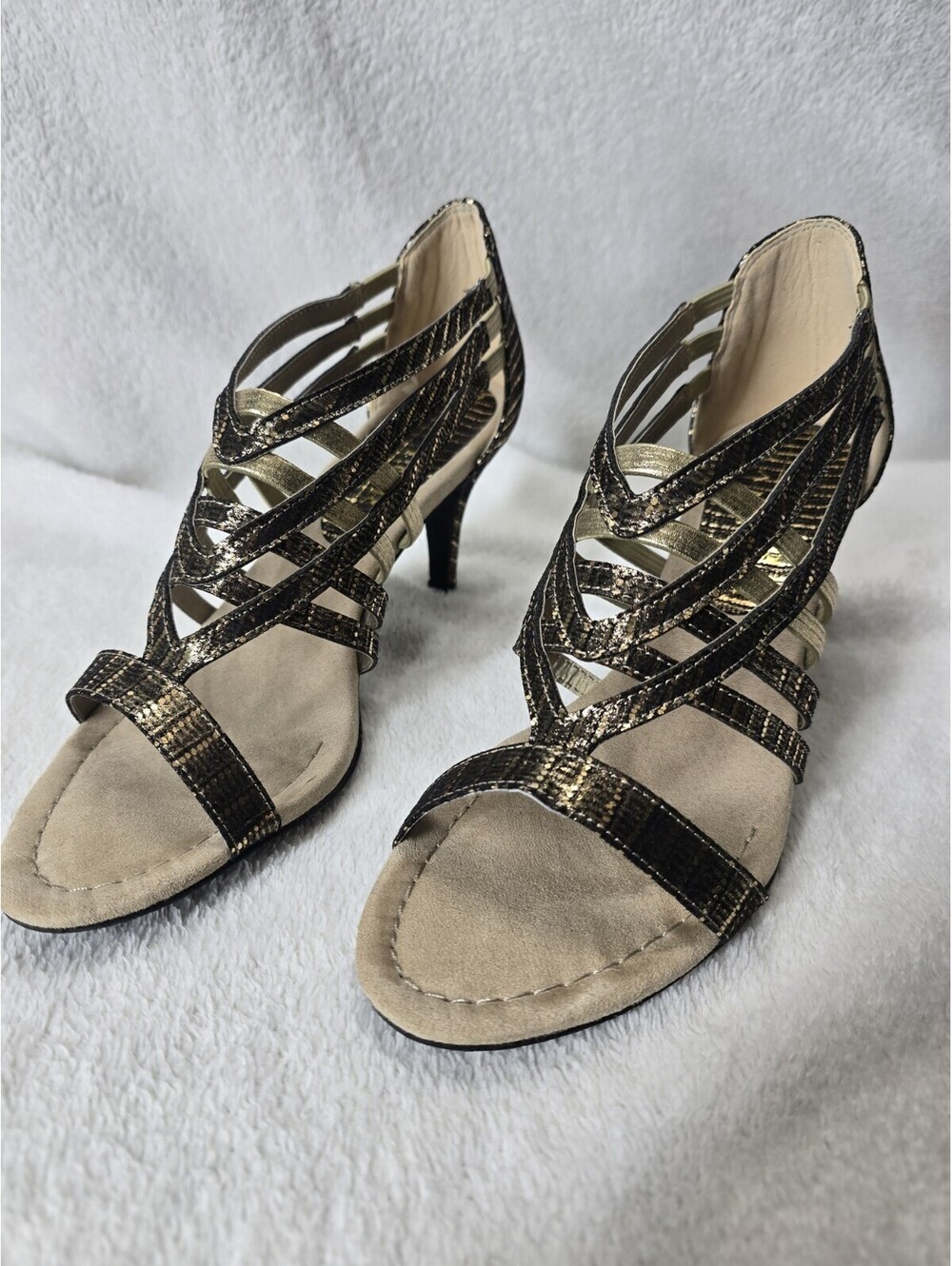 New York Transit Women's Brown/Bronze Strappy 3" Heel Bling Sandal Shoes Sz 8M